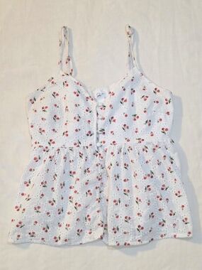 Japra White Cotton Tank Top with Cherries & Delicate Straps Size M